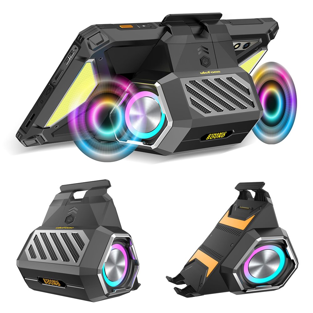 Ulefone Sound KIT for Armor Pad 3 Series, 2-in-1 Sound and Stand, 9W Power 114dB, Dual Colorful LED Lights, 8-pin Connector No Lag, Anti-Slip Pads