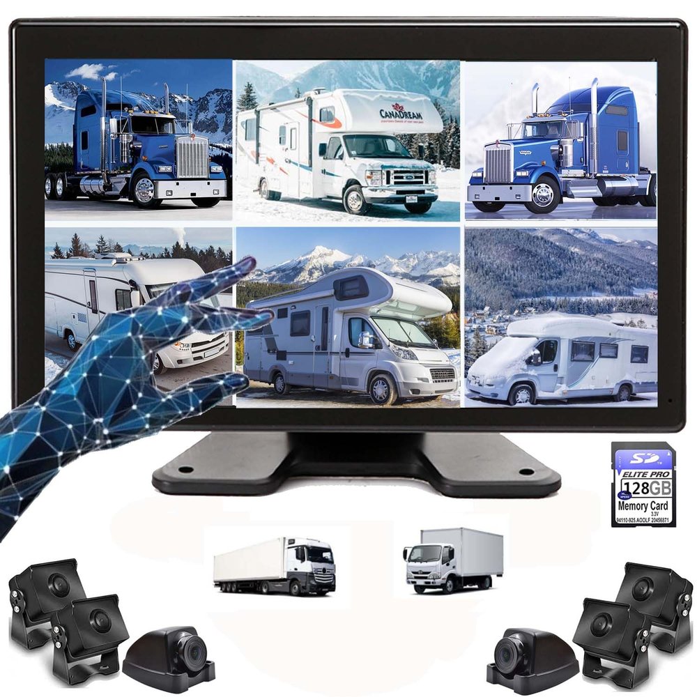 10,36-Inch 6 Split Touchable 128GB Large Audio Screen 1080P Backup Camera Monitor & Built-in DVR Video Recorder for RV Truck Trailer Rear Side Front Reversing View Wired System Image Waterproof