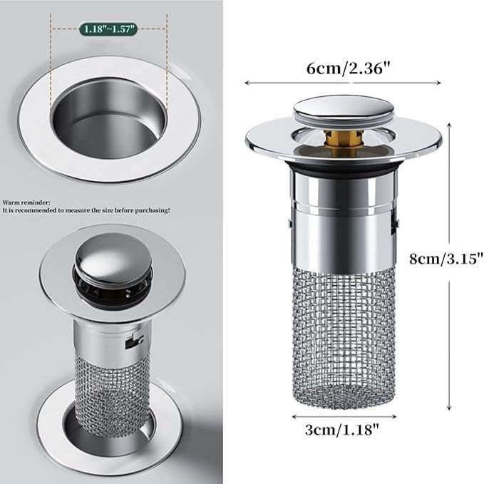 Drain Filter,Odor Isolation Drain Filter,Popup DrainFilter,Hair Catcher Shower Drain Floor Sink Strainer Filter Mesh,Easy Sink Plugs Set with Removable Stainless Stee (2)