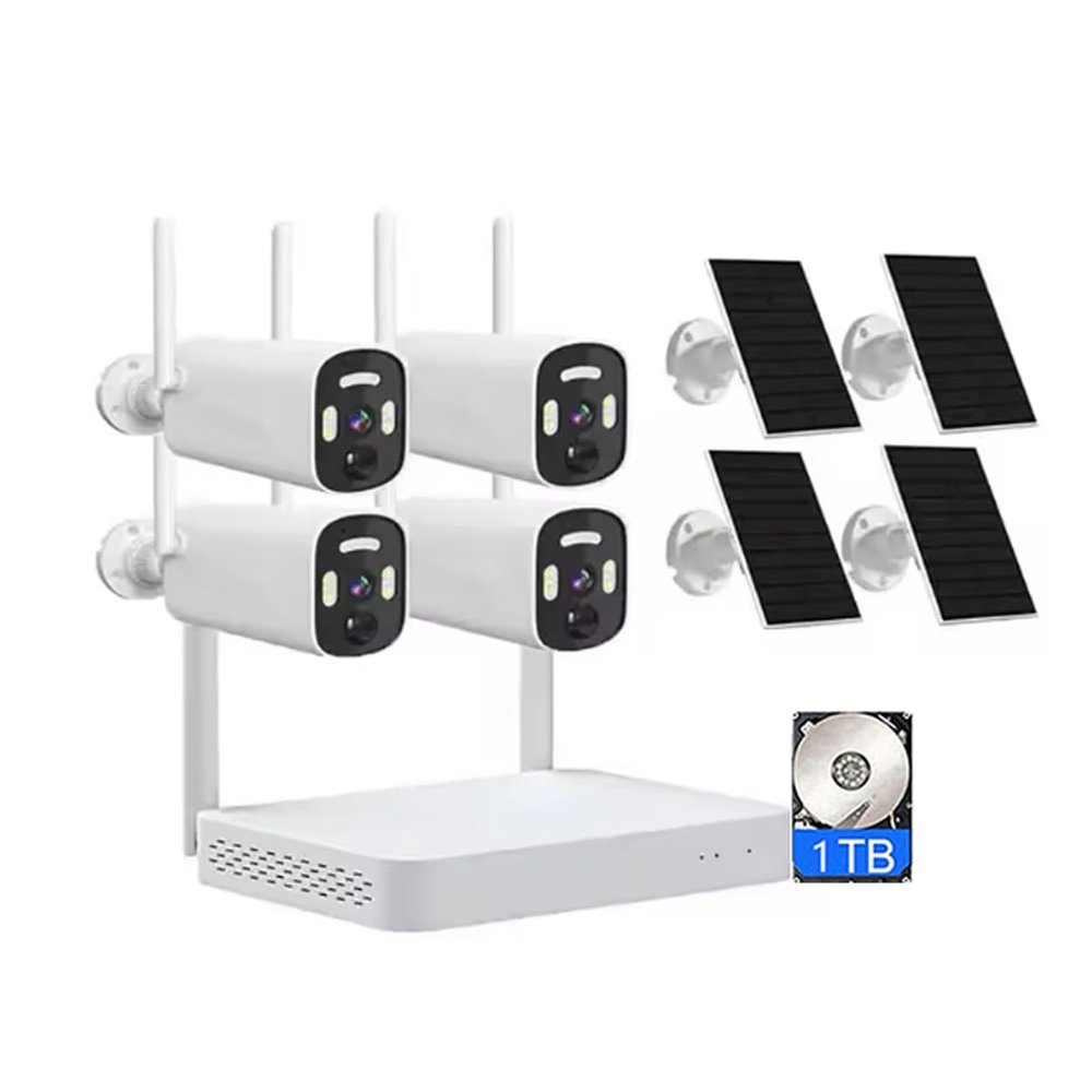 AKAVIG Outdoor 4MP Solar Power Security Camera Kit with 4 Cameras and 1T Hard Disk, 4CH Wireless WiFi Solar Surveillance NVR System with Motion Detection, Two Way Audio