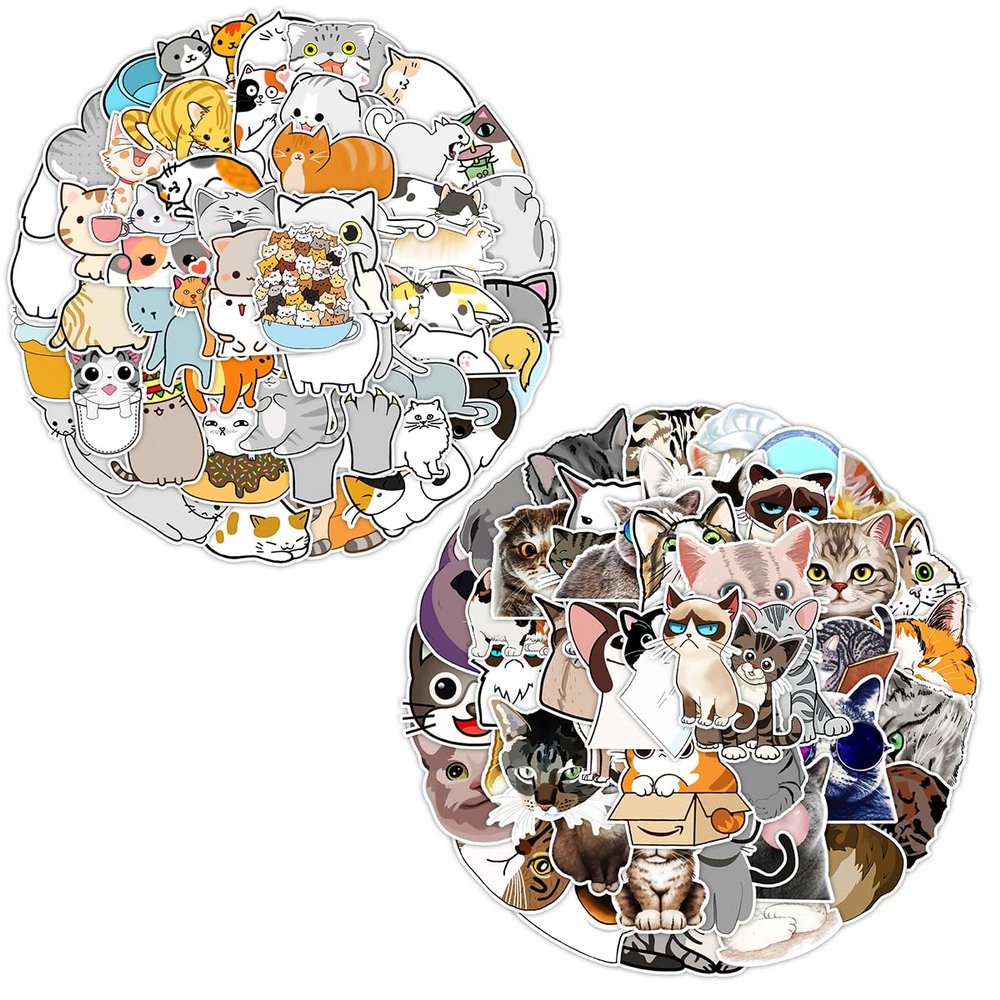 100 Pcs Waterproof Cute Cat Stickers for Water Bottles, Kawaii Stickers Pack Set Funny Cat for Laptop Guitar Luggage Vinyl or Adults Girls Teens Kids Toddlers Stickcat-C