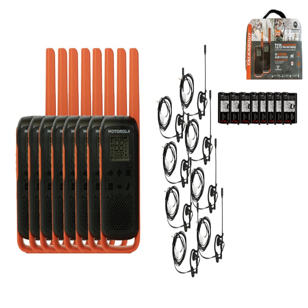 Motorola Solutions Talkabout T275, 8 Pack Walkie Talkies, Portable FRS Two Way Radios, Orange/Black 22 Channels License Free Boom Mic PTT Earpieces