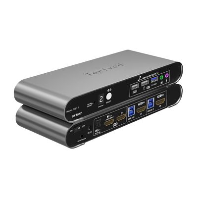 Terived 2 Computers 1 HDMI Monitor Automatic KVM Switch 8K@60Hz, Hotkey Switching, EDID, Support 5.1/7.1 Audio and Microphone, Aluminum Shell with Digital Display, USB 3.0 Hub, HDR10 with Cables
