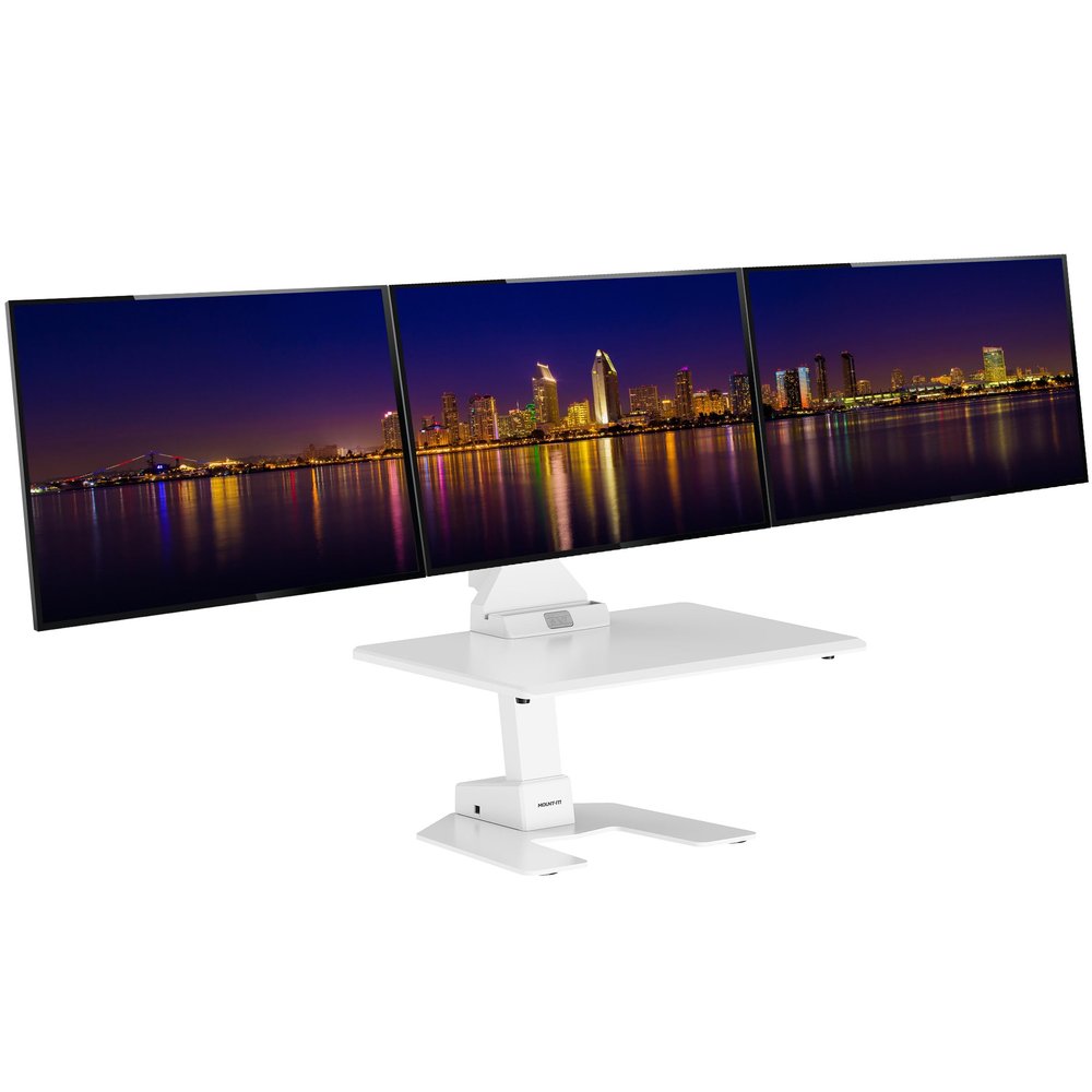Mount-It! Triple Monitor Electric Standing Desk Converter - 3 Monitor Standing Desk is Height Adjustable, Sit-Stand Converting Desk for Home, Office Monitor Mounts Fits Screens up to 32" White