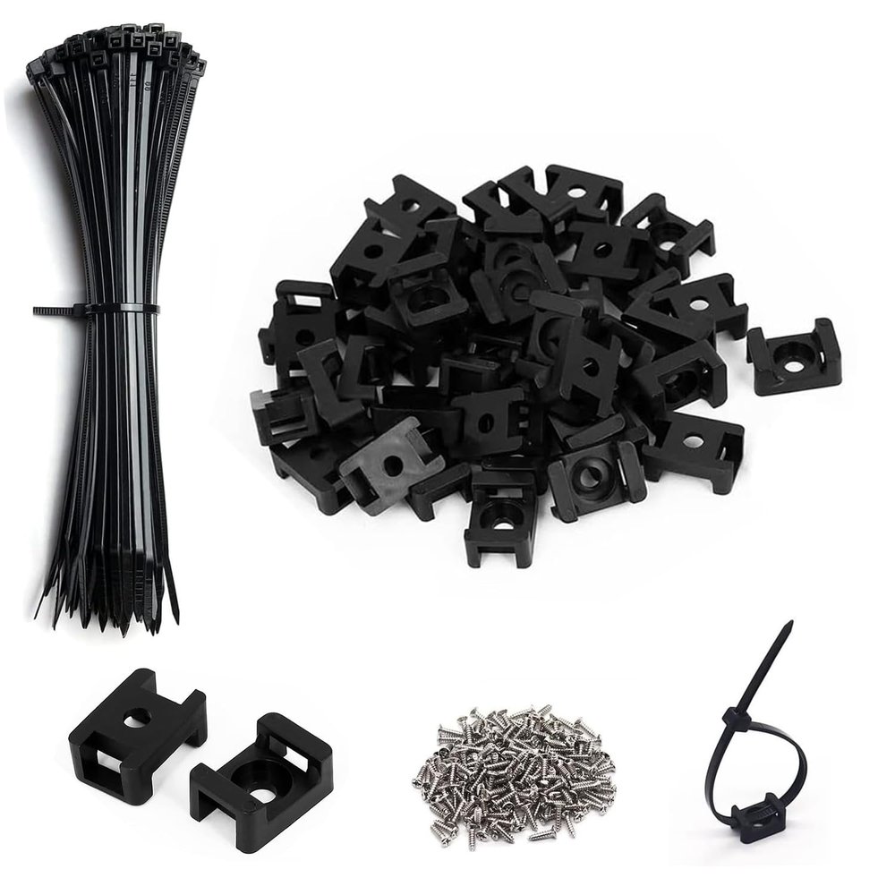 60 Set Black Cable Zip Tie Mounts Kit Wire Clips Organizer Holders Clamps with 0.9Inch Saddle Type Mounts Base with 8" Ties and Tapping Screw