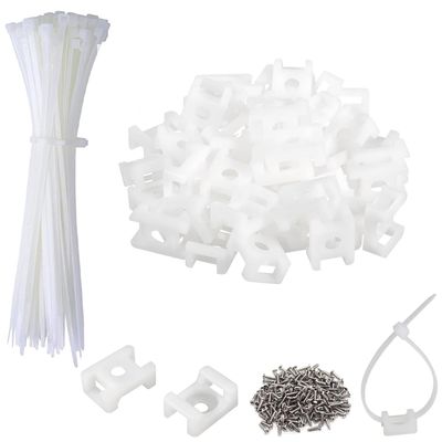 120 Set White Cable Zip Tie Mounts Kit Wire Clips Organizer Holders Clamps with 0.6Inch Saddle Type Mounts Base with 8" Ties and Tapping Screw
