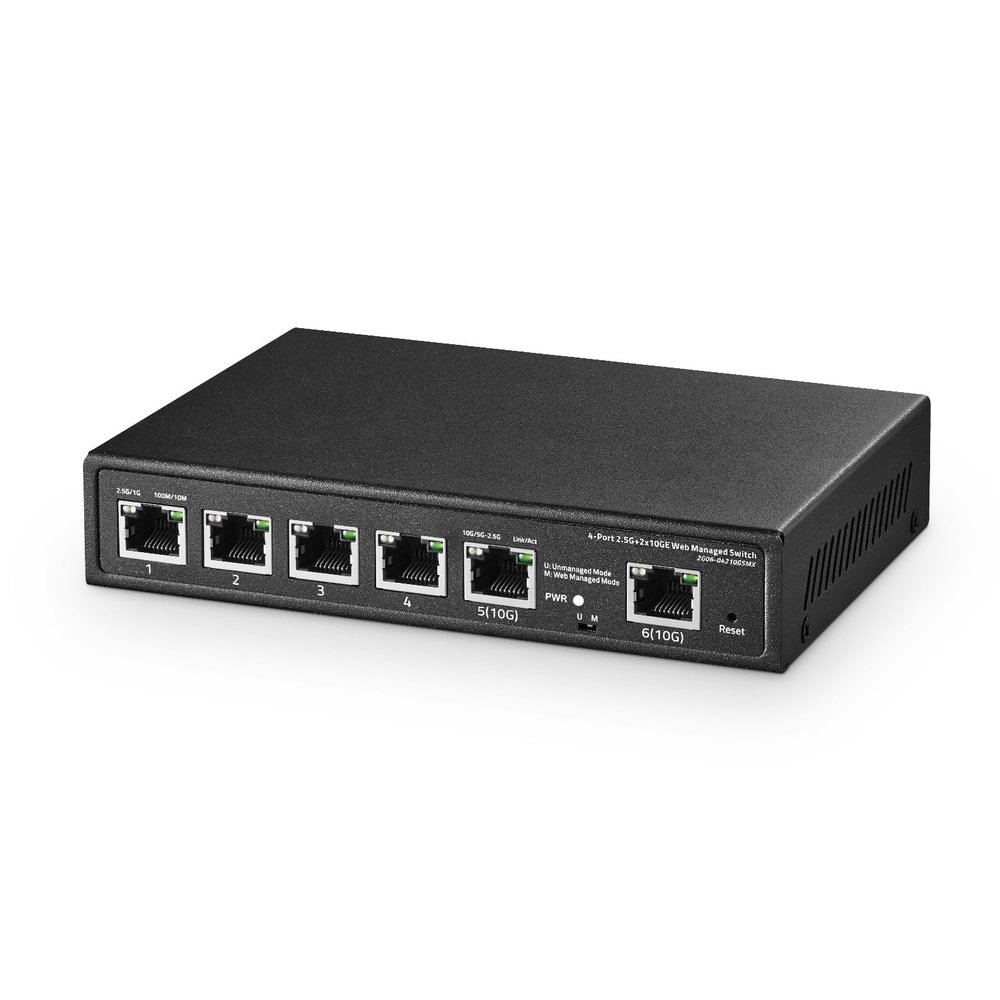6 Port 10G Switch, 4 x 2.5G RJ-45 Base-T Ports, 2 x 10G RJ-45 Ports, Web Managed/Unmanaged, Metal Fanless Managed Multi-Gigabit Desktop/Wallmount Binardat Network Switch