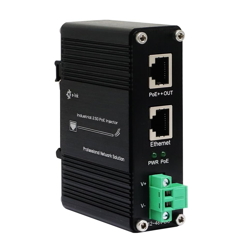 E-link Industrial 2.5G Hardened 1-Port Ethernet Input + 1-Port IEEE 802.3at/bt 95W PoE++ Output Injector with 12~48V DC Power Input DIN Rail Mount High Power PoE Adapter -40C to 80C IP40