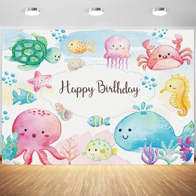 10x6.5ft Under The Sea Happy Birthday Backdrop Cartoon Ocean Animals Photography Background Kids Birthday Party Cake Table Banner Decoration Supplies Photo Booth Props