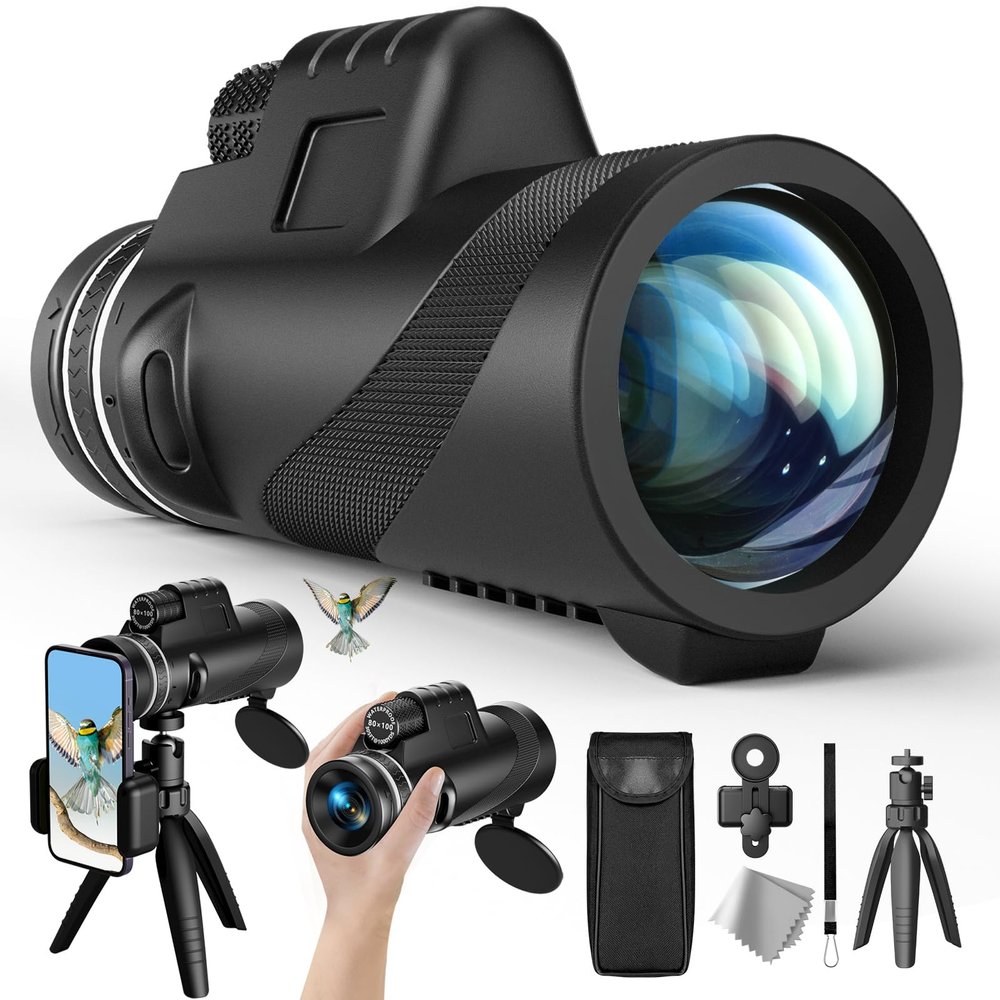 80x100 HD Monocular Telescope, Monoculars for Adults High Powered with Smartphone Adapter & Tripod, Portable Monocular for Hunting Hiking Star Bird Watching