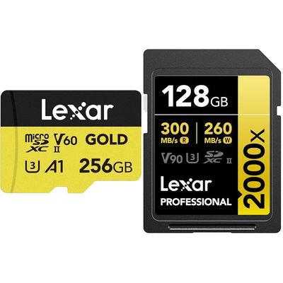 Lexar 256GB Gold Micro SD Card and 128GB 2000x SDXC Memory Card Bundle for Drones, Action Cameras, Gaming Devices