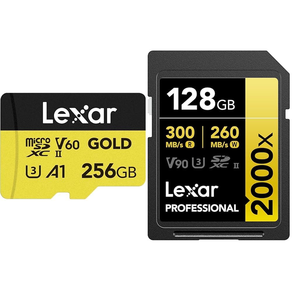 Lexar 256GB Gold Micro SD Card and 128GB 2000x SDXC Memory Card Bundle for Drones, Action Cameras, Gaming Devices