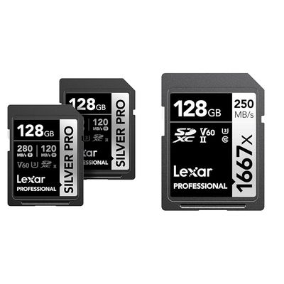 Lexar 128GB 2-Pack Professional Silver PRO SDXC UHS-II Memory Card Up to 280MB/s Read and 128GB Professional 1667x SDXC UHS-II Memory Card Up to 250MB/s Read Bundle