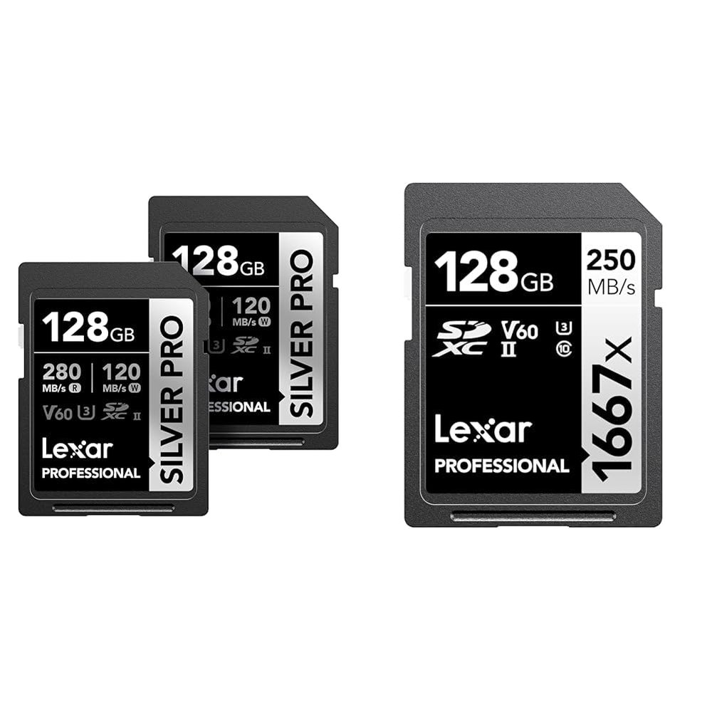 Lexar 128GB 2-Pack Professional Silver PRO SDXC UHS-II Memory Card Up to 280MB/s Read and 128GB Professional 1667x SDXC UHS-II Memory Card Up to 250MB/s Read Bundle