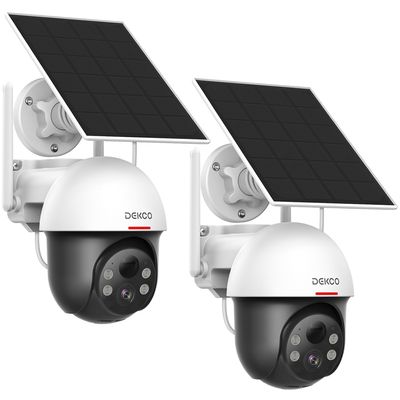 DEKCO Security Cameras Wireless Outdoor, Solar Powered, Panoramic PTZ, Auto Motion Tracking, True 2K, Color Night Vision, Spotlights, 2-Way Talk, 2 Pac