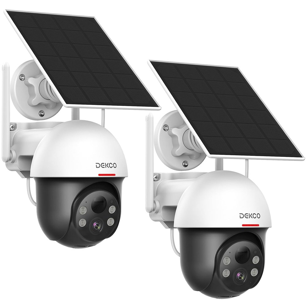DEKCO Security Cameras Wireless Outdoor, Solar Powered, Panoramic PTZ, Auto Motion Tracking, True 2K, Color Night Vision, Spotlights, 2-Way Talk, 2 Pac