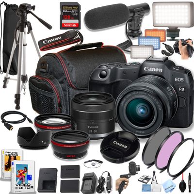 Canon EOS R8 24.2MP Full-Frame CMOS Sensor Mirrorless Camera with 24-50mm Lens, 128GB Extreme Speed Memory, Video Light, Microphone, Grip, Filters, Lenses, Case, More (Premium Bundle), Black (Renewed)