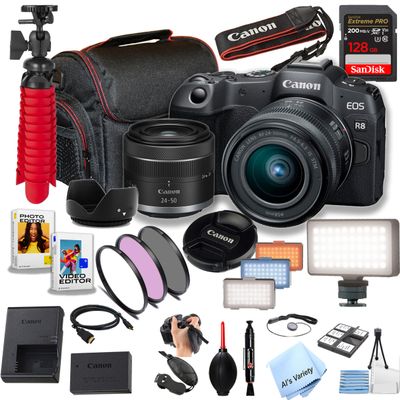 Canon EOS R8 24.2MP Full-Frame CMOS Sensor Mirrorless Camera with 24-50mm Lens, 128GB Extreme Speed Memory, Video Light, Filters, Case, Software and More (Essential Bundle) (Renewed), Black