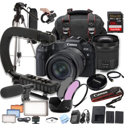 Canon EOS RP Camera Bundle with 24-105mm + 128GB Extreme Speed Card, U-Grip, Microphone, LED Video Light, Spare Battery, Filter Kit, More (Extreme Pro-Bundle) (Renewed), Black