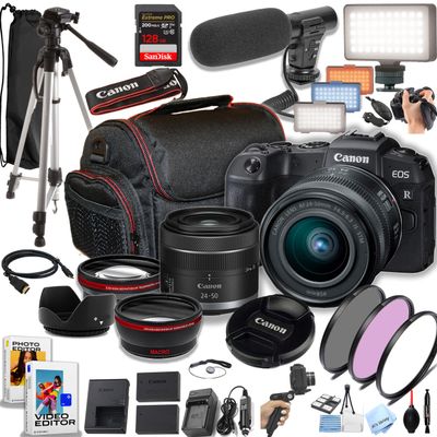 Canon EOS RP 26.2MP Full-Frame CMOS Sensor Mirrorless Camera with 24-50mm Lens, 128GB Extreme Speed Memory, Video Light, Microphone, Grip, Filters, Lenses, Case, More (Premium Bundle) (Renewed)