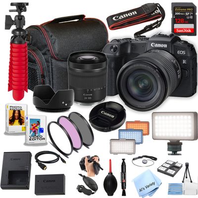 Canon EOS RP 26.2MP Full-Frame CMOS Sensor Mirrorless Camera with 24-105mm Lens, 128GB Extreme Speed Memory, Video Light, Filters, Case, Software and More (Essential Bundle) (Renewed), Black