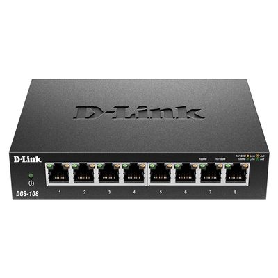 D-Link Ethernet Switch, 8 Port Gigabit Unmanaged Metal Fanless Desktop or Wall Mount Design (DGS-108/RE) (Renewed)