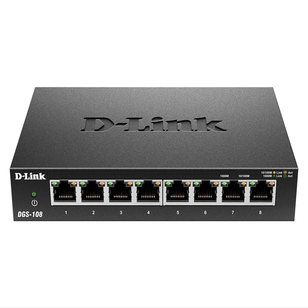 D-Link Ethernet Switch, 8 Port Gigabit Unmanaged Metal Fanless Desktop or Wall Mount Design (DGS-108/RE) (Renewed)