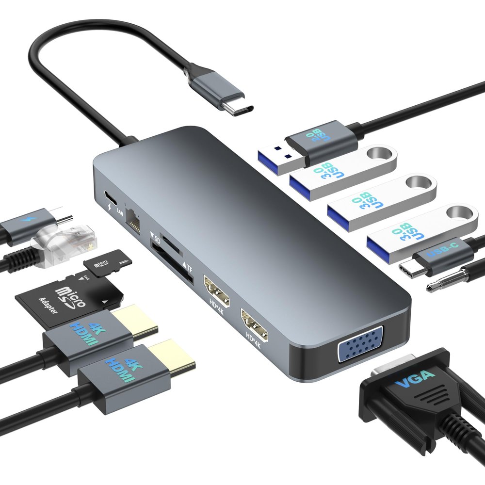 Docking Station for Dell/HP/Lenovo/Surface Laptop, Dual HDMI Adapter for 2 Monitors, 13 in 1 USB C Hub With HDMI/VGA/USB/PD/Ethernet/SD/TF/Audio