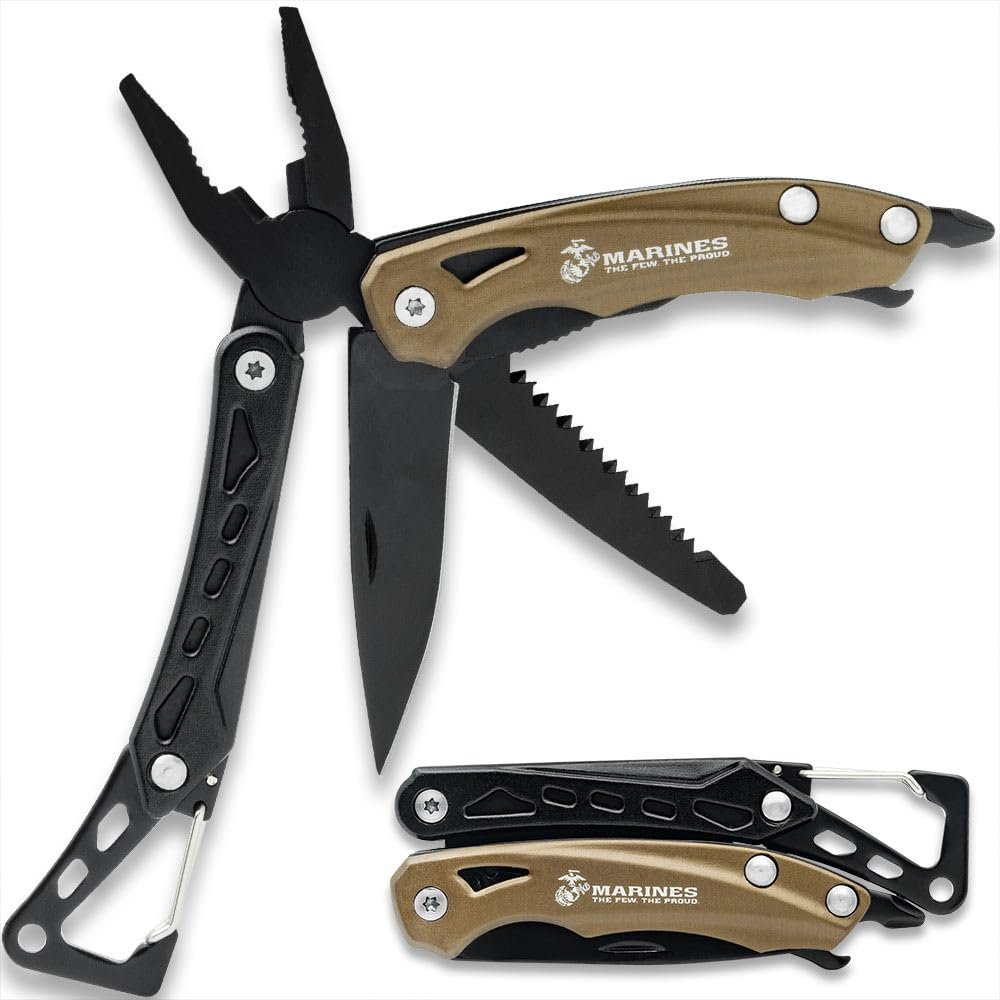 United Cutlery USMC Multi-Tool and Carabiner Clip with Stainless Steel Blade | Aluminum Handle | Pliers | Saw | Bottle Opener | Phillips Head Screwdriver | Officially Licensed by the USMC