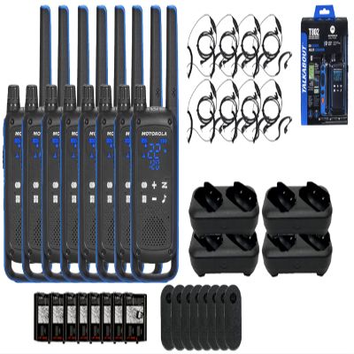 Motorola Solutions, Talkabout T802, Portable FRS Two Way Radio 8 Pack Walkie Talkies Blue/Black 22 Channels 4 Dual Charger Docks 8 PTT Earpieces