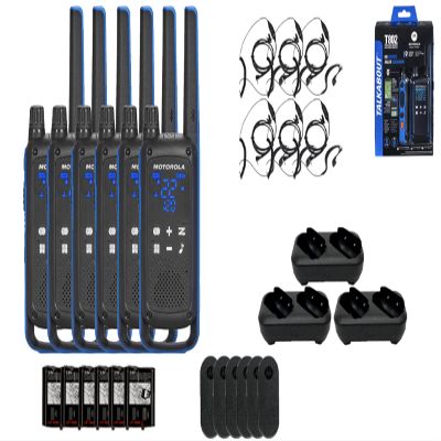 Motorola Solutions, Talkabout T802, Portable FRS Two Way Radio 6 Pack Walkie Talkies Blue/Black 22 Channels 3 Dual Charger Docks 6 PTT Earpieces