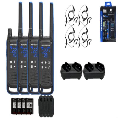 Motorola Solutions Talkabout Portable FRS T802 Two Way Radio 4 Pack Walkie Talkies Blue/Black 22 Channels 2 Dual Charger Docks 4 PTT Earpieces