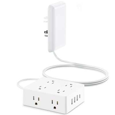 Flat Extension Cord with Outlet Cover, Olcorife Flat Plug Power Strip with 8 Outlets and 4 USB Ports, 2000 Joules Surge Protector, 10 FT Cord Hidden Outlet Extender for Tight Spaces
