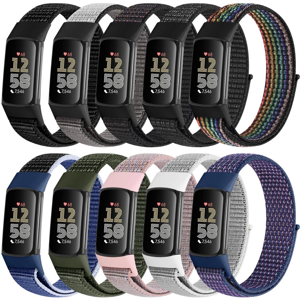10 Pack Sport Loops Band Compatible with Fitbit Charge 6/ Charge 5 Bands Nylon for Women Men, Replacement Charge 6 Charge 5 Straps, Breathable Fabric Sport Wristband