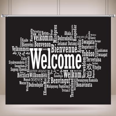 Loccor 6x4ft Fabric International Welcome Banner Backdrop Welcome Word Cloud in Different Languages Photography Background for Sport Event Banner Decorations Photo Shooting Props