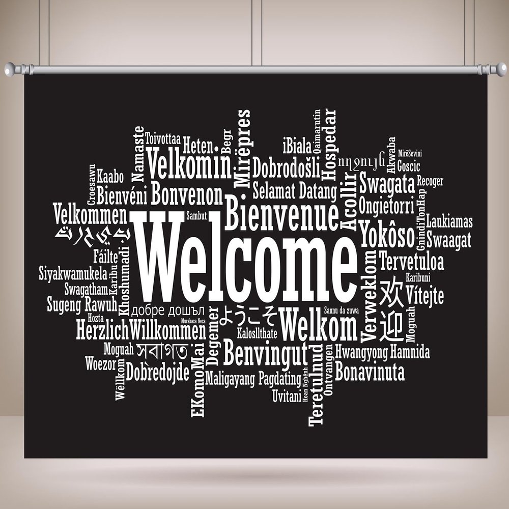 Loccor 6x4ft Fabric International Welcome Banner Backdrop Welcome Word Cloud in Different Languages Photography Background for Sport Event Banner Decorations Photo Shooting Props