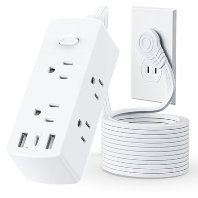 2 Prong Flat Extension Cord 10 FT, Olcorife 2 Prong to 3 Prong Outlet Adapter, Flat Plug Power Strip with 6 Outlets 3 USB Ports(1 USB C), 2000J Surge Protector, US to Japan Plug Adapter
