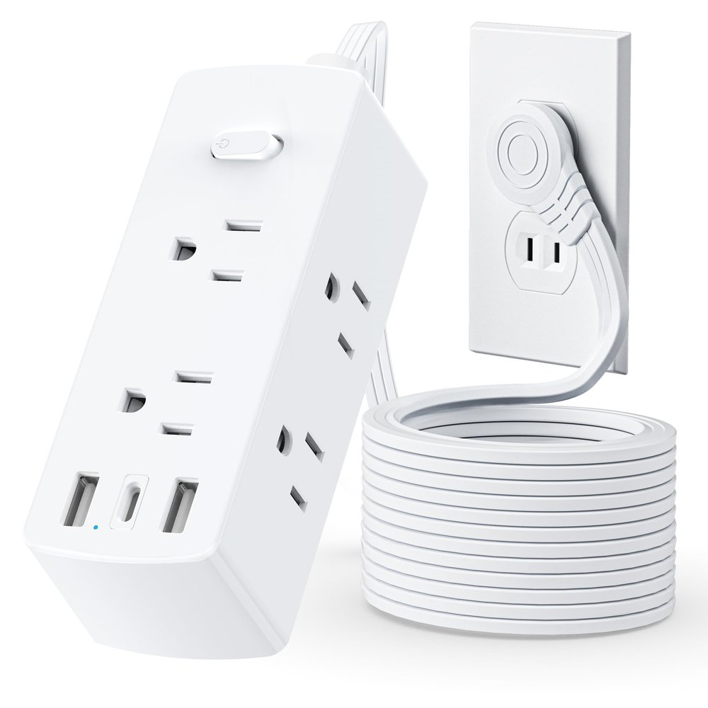 2 Prong Flat Extension Cord 10 FT, Olcorife 2 Prong to 3 Prong Outlet Adapter, Flat Plug Power Strip with 6 Outlets 3 USB Ports(1 USB C), 2000J Surge Protector, US to Japan Plug Adapter
