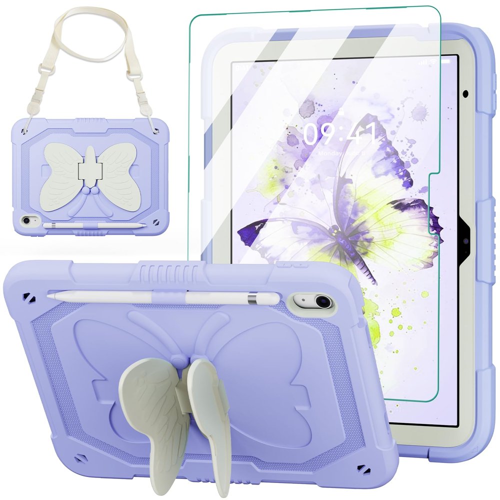 ACEMO iPad (A16) 11th Generation Case/iPad 10th Generation Case 10.9 inch 11 inch with Screen Protector/Shoulder Strap/Pencil Holder/Kickstand Cute Kids Girls Cover for iPad 2025 2022 Purple