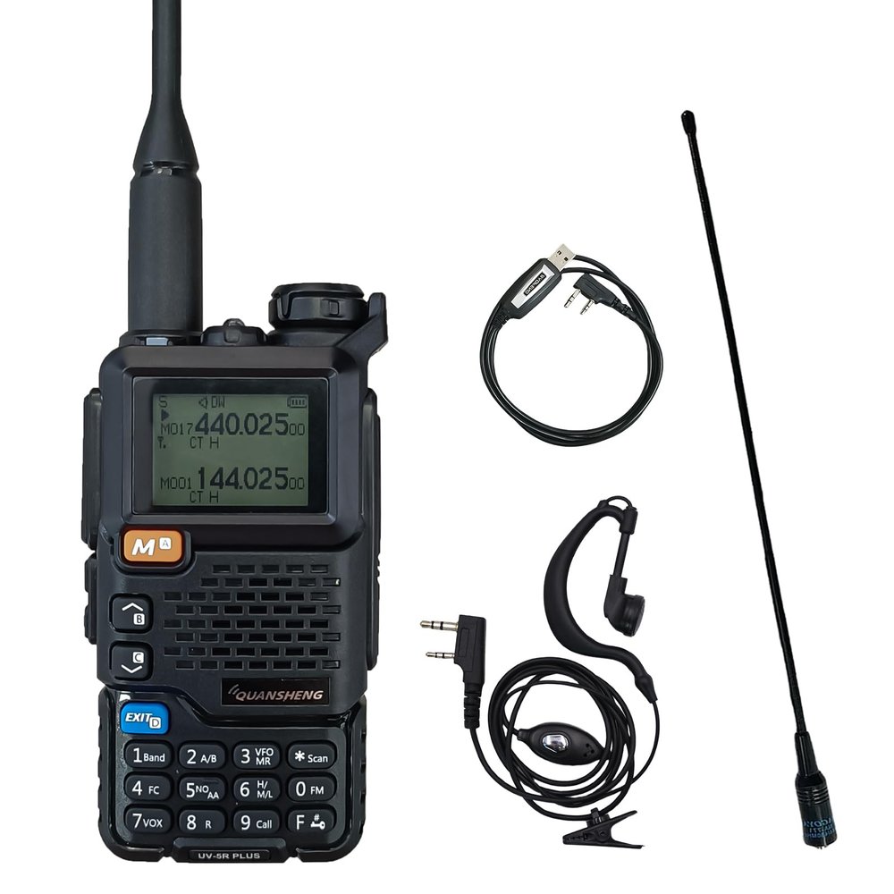 QUANSHENG UV-5R Plus Radio NOAA USB-C Charging Ham Radio AM FM Long Range RT-600 Air Band Tri-Band with 771 Antenna Headset and Programming Cable