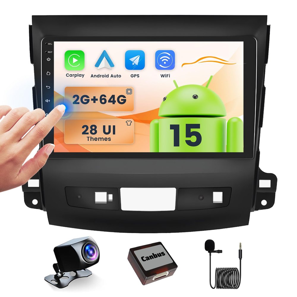 2+64GB Android Car Stereo for Mitsubishi Outlander 2008-2015 Wireless Carplay Android Auto, 9 Inch Touchscreen Car Radio GPS Navi WiFi Bluetooth Backup Camera FM RDS Radio EQ SWC