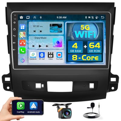 5G WiFi 8 Core 4+64GB Android 15 Car Stereo for Mitsubishi Outlander 2008-2015 Wireless Carplay, 9'' Touch Screen Car Radio with Android Auto, GPS, WiFi, Bluetooth, SWC, Backup Camera, DSP