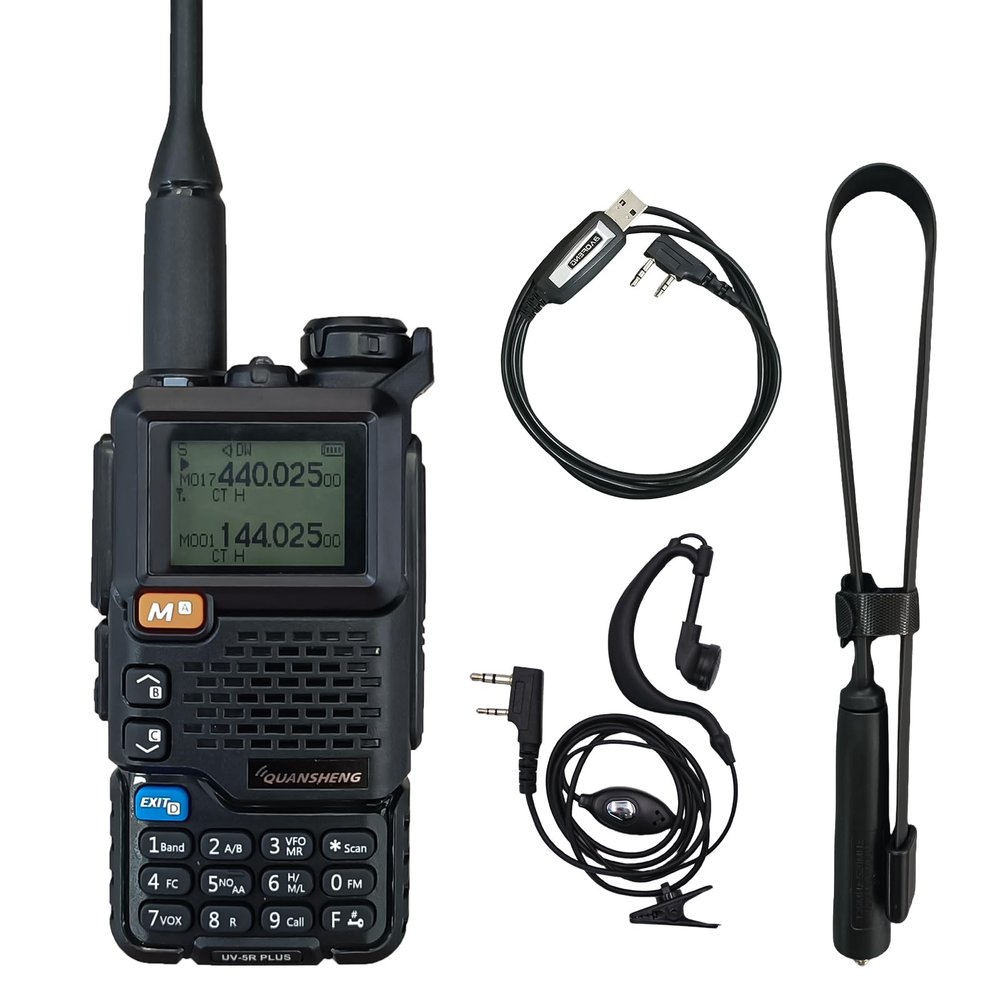 QUANSHENG UV-5R Plus Radio NOAA USB-C Charging Ham Radio AM FM Long Range RT-600 Air Band Tri-Band with 18.89in Tactical Antenna Headset and Programming Cable