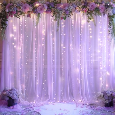 10x10ft Lavender Chiffon Backdrop Curtain with Lights String for Wedding Sheer Tulle Curtain Photo Backdrops Drapes for Baby Shower Birthday Party Home Ceremony Decorations