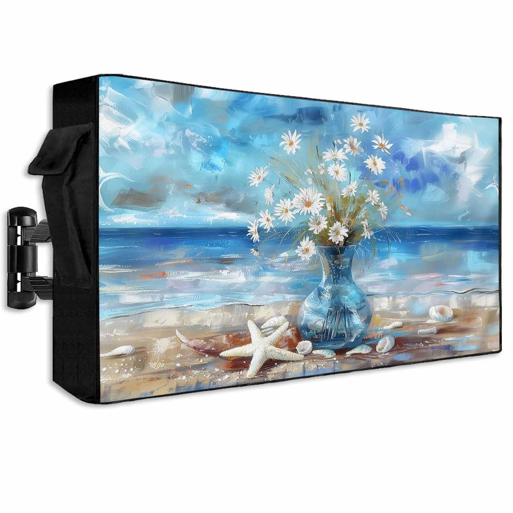 Lsrtoss Outdoor TV Cover 30-32 Inch Weatherproof, Spring Floral Outdoor TV Enclosure with Zipper & Roll Up Front Flap, Coastal Blue Oil Painting Botanical Daisy Waterproof TV Covers for Outside