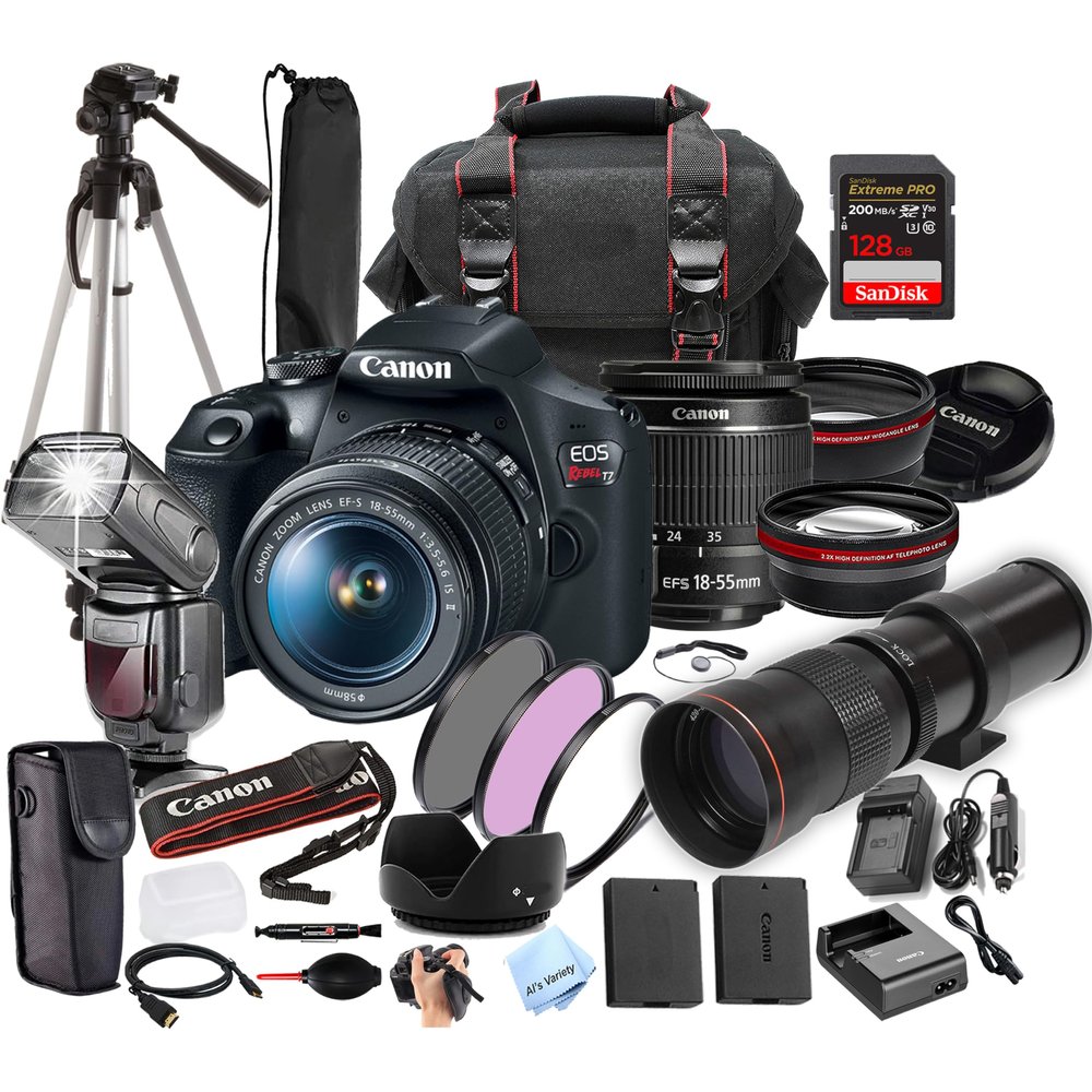 Canon EOS Rebel T7 Camera Bundle w/EF-S 18-55mm + 420-800mm Telephoto Lens + 128GB Extreme Speed Card, Camera Case, Tripod,TTL Speedlite, Spare Battery, Filters, More (Extreme Pro-Bundle) (Renewed)