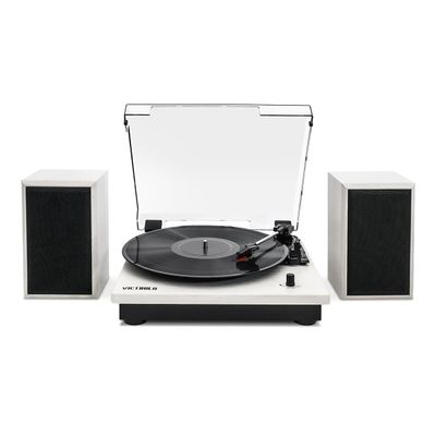 Victrola Montauk Vinyl Record Player, 3-Speed Belt Driven Turntable with Stereo Bluetooth Speaker Pair, RCA Output and 3.5mm Headphone Jack, Removable Dust Cover, Natural Wood Finish