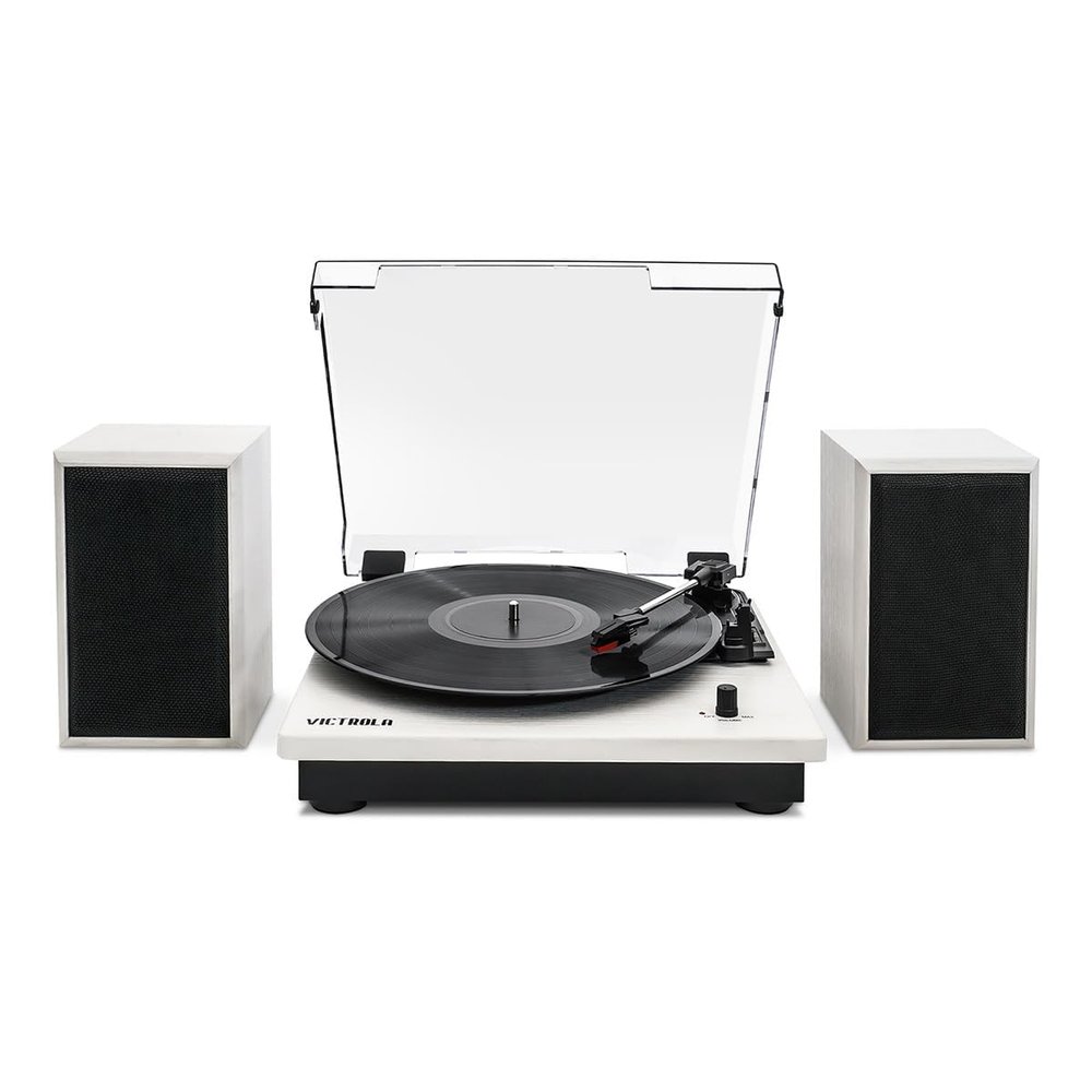 Victrola Montauk Vinyl Record Player, 3-Speed Belt Driven Turntable with Stereo Bluetooth Speaker Pair, RCA Output and 3.5mm Headphone Jack, Removable Dust Cover, Natural Wood Finish