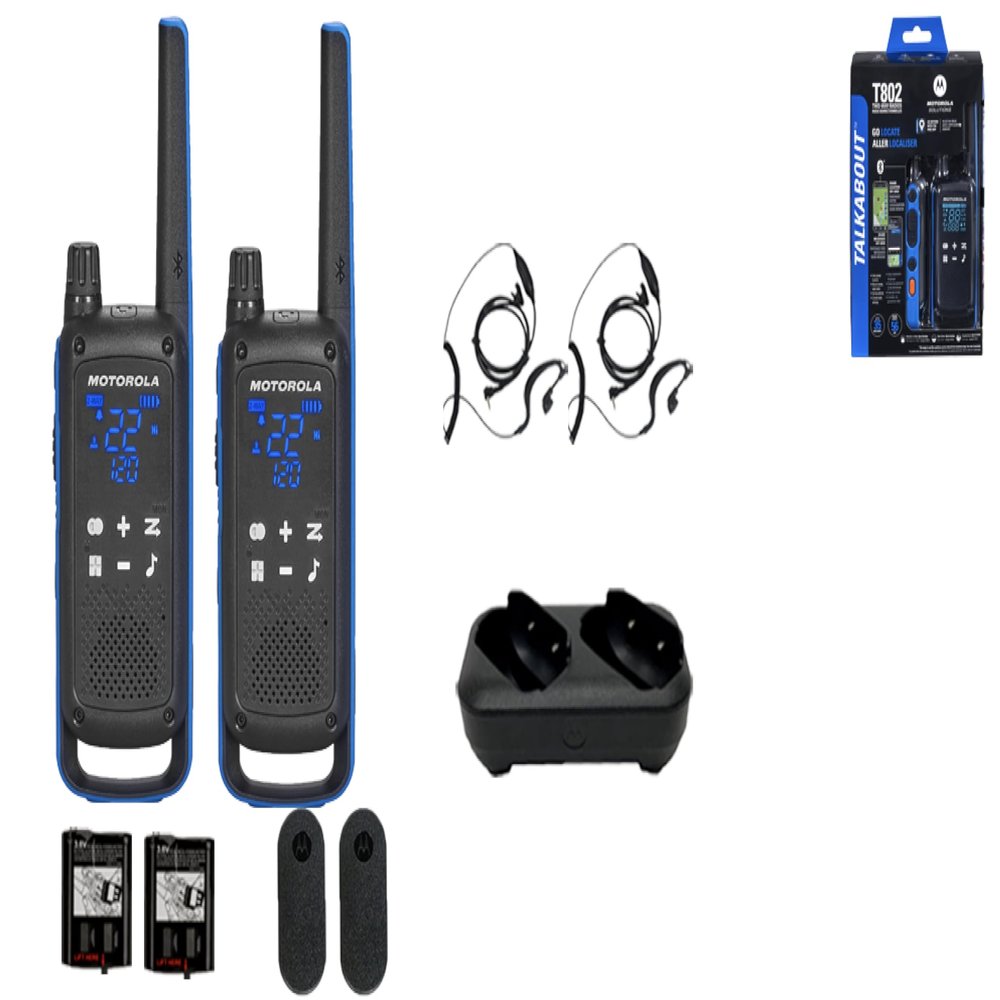 Motorola Solutions, Talkabout T802, Portable FRS Two Way Radio 2 Pack Walkie Talkies Blue/Black 22 Channels 1 Dual Charging Tray 2 PTT Earpieces