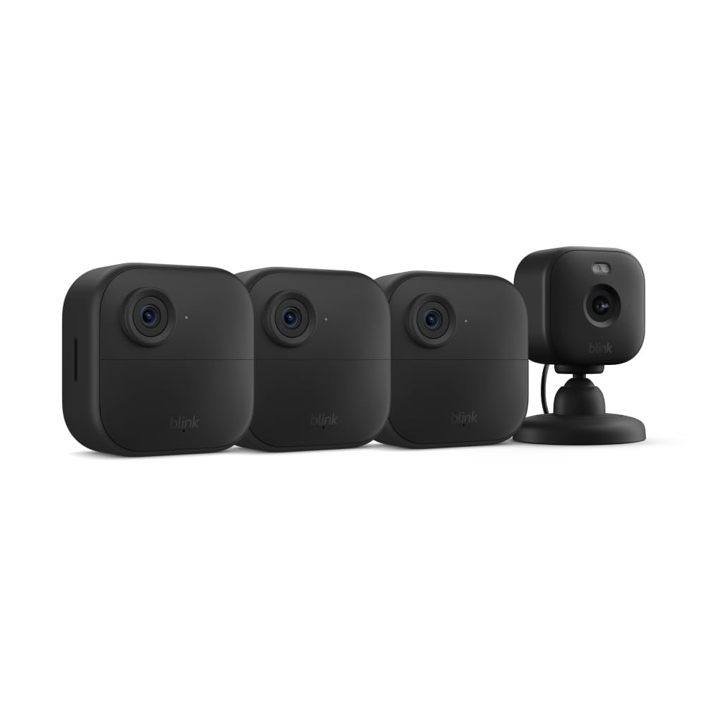Blink Outdoor 4 + Blink Mini 2 Smart security cameras, two-way talk, HD live view, motion detection, set up in minutes, Works with Alexa 3 camera system + Mini 2 (Black)